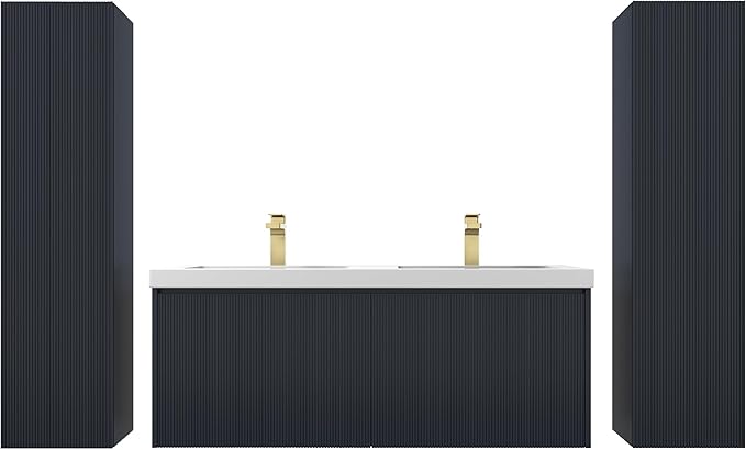 Blossom 48 Inch Double Sink Bathroom Vanity with Side Cabinets, All Wood Wall Mounted Floating Bathroom Vanity Cabinet with Acrylic Sink, Soft-Close Drawers, Bathroom Vanities, Night Blue