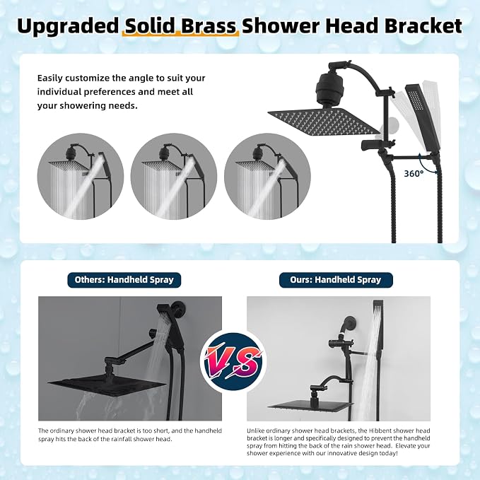 Hibbent All Metal 10'' Filtered Rainfall Shower Head with Handheld Combo, High Pressure Shower Wand, 16'' Adjustable Extension Arm, 20 Stage Shower Filter, 71'' Hose, Shower Holder, Matte Black