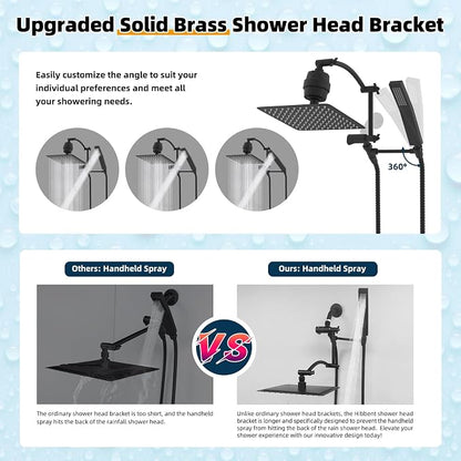 Hibbent All Metal 10'' Filtered Rainfall Shower Head with Handheld Combo, High Pressure Shower Wand, 16'' Adjustable Extension Arm, 20 Stage Shower Filter, 71'' Hose, Shower Holder, Matte Black