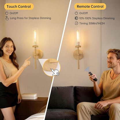 Shenmoyl Battery Operated Wall Sconces Set of 2, Beech Color Rechargeable Wall Lighting Fixtures, Dimmable Wall Lights with Remote & Clear Glass Shade for Living Room, Bathroom,Bedroom