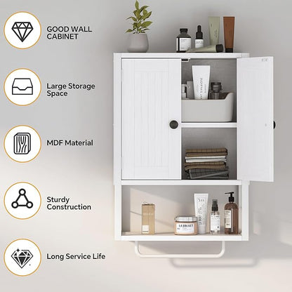 Homeiju Rustic Wall Mounted Medicine Cabinet, White Wood Storage Cabinet with Two Barn Doors, Shelf and Towel Bar for Bathroom, Living Room, Kitchen, White