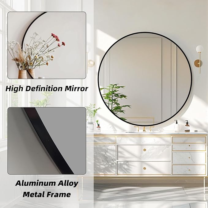 Round Black Mirror 24 Inch, Matte Black Metal Frame, Circle Mirror | Circular Wall Mounted Mirrors for Bathroom, Living Room, Bedroom, Entryway, Hallway, Dining Room, Wall Decor, Thin Frame