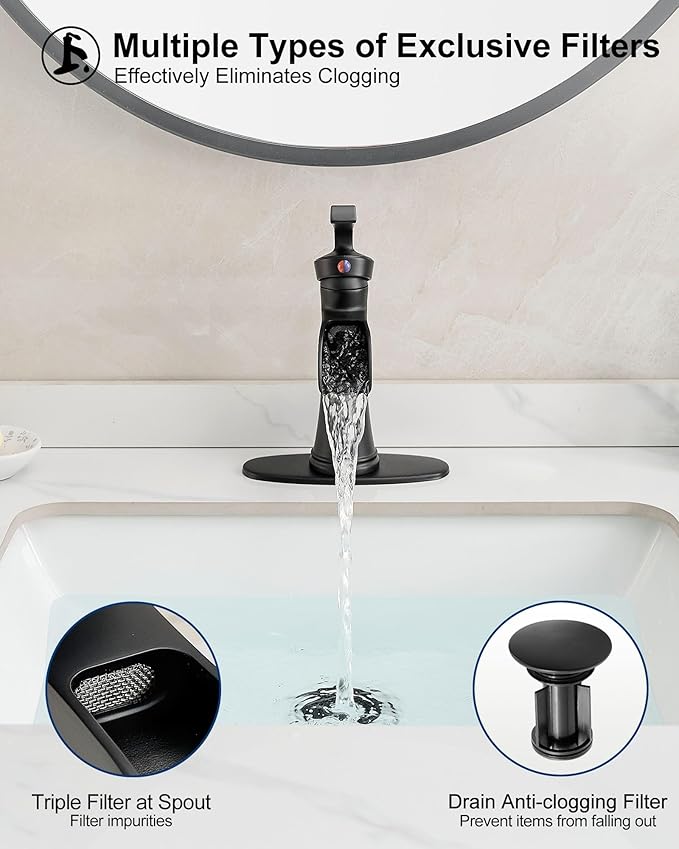 Brass Waterfall Bathroom Faucet Black, Single Handle Bathroom Sink Faucet 1 Hole, 4 Inch Bathroom Faucets 3 Hole with Deck Plate, Pop-up Drain and Supply Hoses