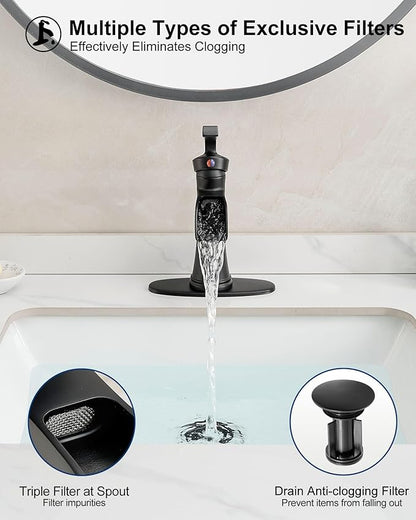 Brass Waterfall Bathroom Faucet Black, Single Handle Bathroom Sink Faucet 1 Hole, 4 Inch Bathroom Faucets 3 Hole with Deck Plate, Pop-up Drain and Supply Hoses