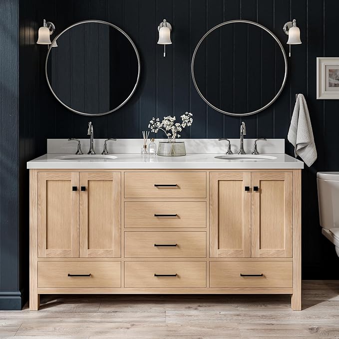 ARIEL Cambridge 66-inch Bathroom Vanity with Sink,Solid Wood, 1.5-inch Pure White Quartz Countertop & Backsplash, Double Oval Porcelain Sink, 4 Soft Closing Doors, 6 Dovetail Drawers, White Oak
