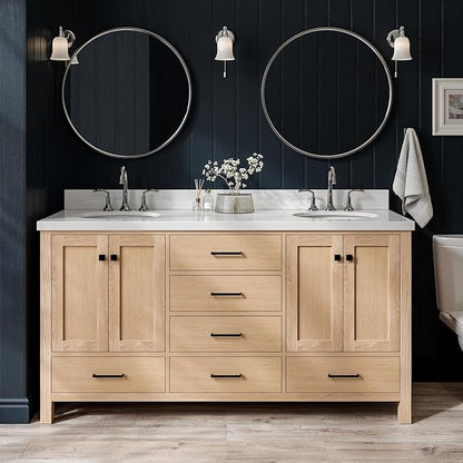 ARIEL Cambridge 66-inch Bathroom Vanity with Sink,Solid Wood, 1.5-inch Pure White Quartz Countertop & Backsplash, Double Oval Porcelain Sink, 4 Soft Closing Doors, 6 Dovetail Drawers, White Oak
