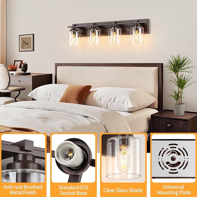 4 Light Modern Bathroom Light Fixtures Over Mirror, Bronze Finish Vanity Lights for Bathroom Wall Sconces with Clear Glass Shades, E26 Socket (Bulbs Not Included)