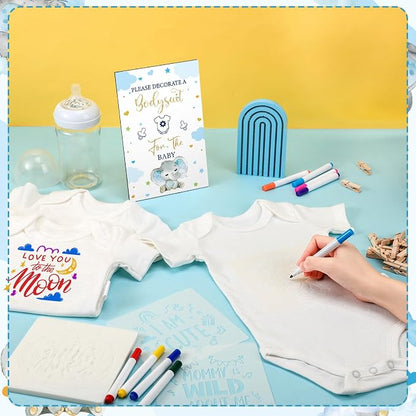 Panitay 126 Pcs Baby Shower DIY Bodysuit Set Bib 25 Blank White Newborn Bodysuit 25 Stencils 24 Marker 1 Sign 50 Pins(Blue Elephant)
