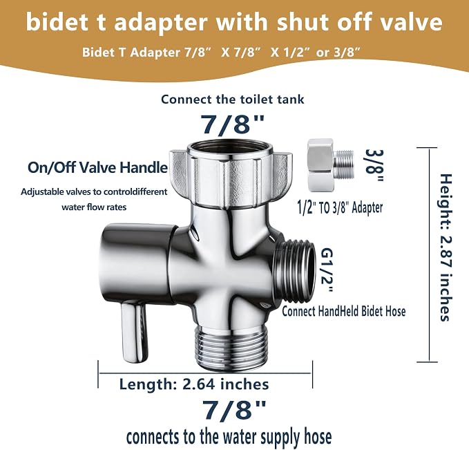 Bidet T Adapter, Brass T Adapter with Shut-off Valve, 3-way Tee Connector 7/8" x 7/8" x G1/2, Leak-Free Chrome Metal T Valve Adapter for Toilet Bidet Sprayer…