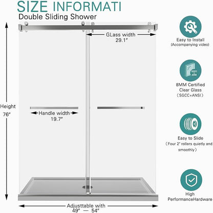49-54" W x 76"H Frameless Double Sliding Shower Door for Walk-In Shower,5/16" (8mm) SGCC Certified Clear Tempered Safety Glass,Easy-Clean Coating,Quiet Heavy-Duty Roller System, Brushed Nickel