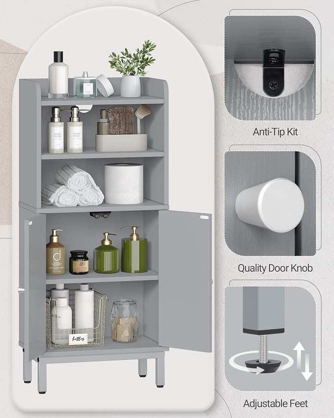 Hzuaneri Bathroom Storage Cabinet, Small Floor Cabinet with 2 Door | Toilet Paper Cabinets, Bathroom Organizer with Adjustable Shelf, for Small Spaces, Gray, Arch Door,7.1" Dx14.6 Wx32.7 H