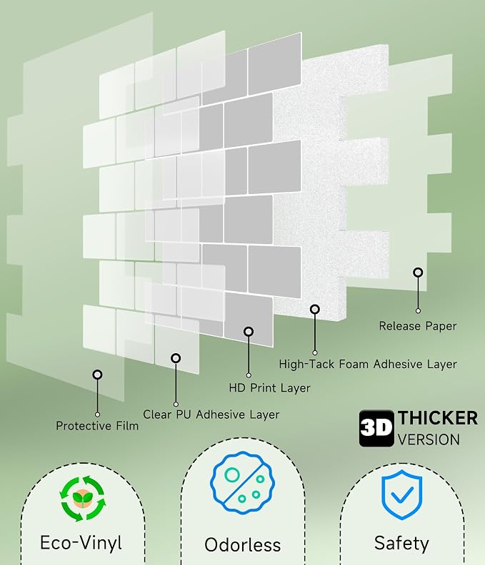 Peel and Stick Backsplash for Kitchen: Self Adhesive Wall Tiles for Bathroom - Vinyl Thick Back Splash Tile (10, Grey)