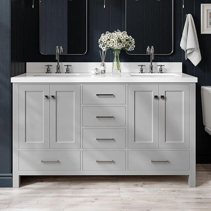 ARIEL Cambridge 60-inch Bathroom Vanity with Sink,Solid Wood, 1.5-inch Pure White Quartz Countertop & Backsplash, Double Rectangular Porcelain Sink, 4 Soft Closing Doors, 6 Dovetail Drawers, Grey