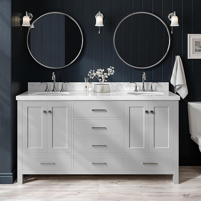 ARIEL Cambridge 66-inch Bathroom Vanity with Sink,Solid Wood, 1.5-inch Italian Carrara Marble Countertop & Backsplash, Double Oval Porcelain Sink, 4 Soft Closing Doors, 6 Dovetail Drawers, Grey