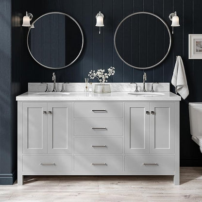 ARIEL Cambridge 66-inch Bathroom Vanity with Sink,Solid Wood, 1.5-inch Italian Carrara Marble Countertop & Backsplash, Double Oval Porcelain Sink, 4 Soft Closing Doors, 6 Dovetail Drawers, Grey
