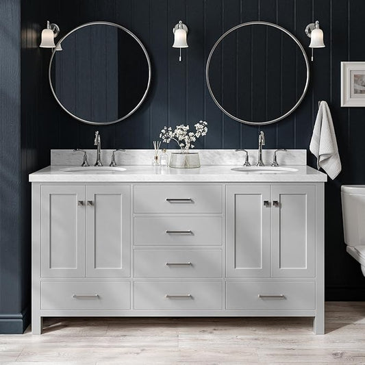 ARIEL Cambridge 66-inch Bathroom Vanity with Sink,Solid Wood, 1.5-inch Italian Carrara Marble Countertop & Backsplash, Double Oval Porcelain Sink, 4 Soft Closing Doors, 6 Dovetail Drawers, Grey
