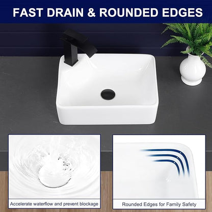 Vessel Sink 17.5"x13.2" Rectangular Bathroom Sink with Left Side Faucet Hole Modern White Porcelain Ceramic Above Counter Vanity Sink for Bathrooms Art Basin with Faucet Hole