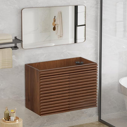 ROOMTEC 36" Bathroom Vanity, Mid-Century Wall Mounted Floating Cabinet with 2 Closing Doors, Wood Grain Texture, Walnut (Sink Basin Not Included)
