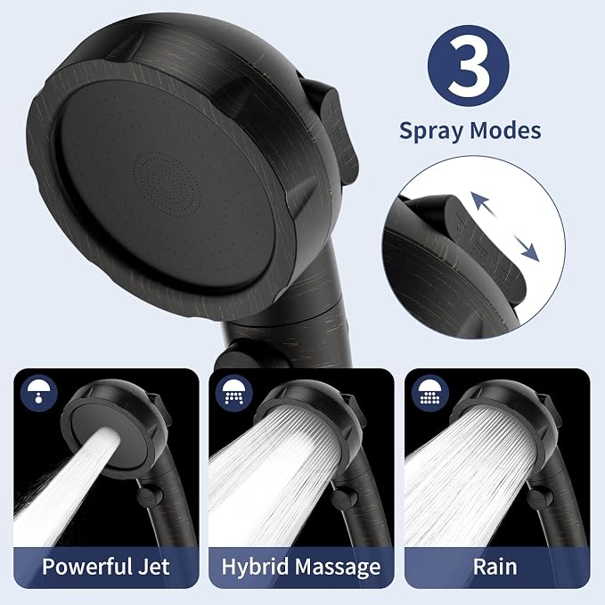 HANLIAN On/Off High Pressure Handheld Shower Head for RV Camper | 3 Spray Modes Shower Head with Pause Button, Water Saving Shower Head with Hose and Self-adhesive Holder(Oil-Rubbed Bronze)