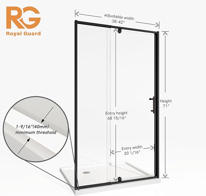 Royal Guard 38-42" W x 71" H Pivot Glass Shower Door,Matte Black | Shower Doors with 4-Inch Adjustable Width, 6mm SGCC Tempered Glass, Reversible Installation,Magnetic Closing,Easy to Clearn