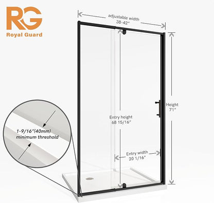 Royal Guard 38-42" W x 71" H Pivot Glass Shower Door,Matte Black | Shower Doors with 4-Inch Adjustable Width, 6mm SGCC Tempered Glass, Reversible Installation,Magnetic Closing,Easy to Clearn