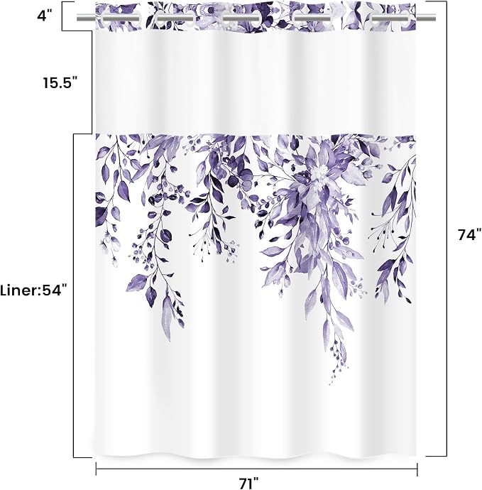 No Hook Floral Shower Curtain with Liner, Eucalyptus Purple, 71x74 | Snap in Liner, 3 in 1, Water Repellent, Easy Install, Machine Washable, Hotel Style for Bathroom, Watercolor Pattern
