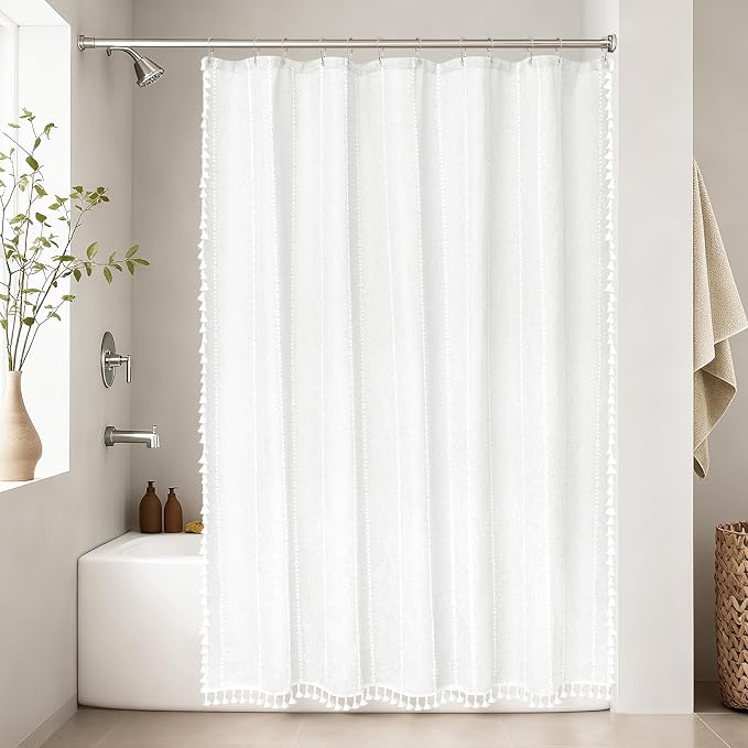 Seenus 72 x 84 inch Extra Long Boho Farmhouse Shower Curtain with Tassels, White Linen Textured Soft Fabric Shower Curtain Heavyweight, Elegant French Country Striped Bathroom Curtain Water Repellent