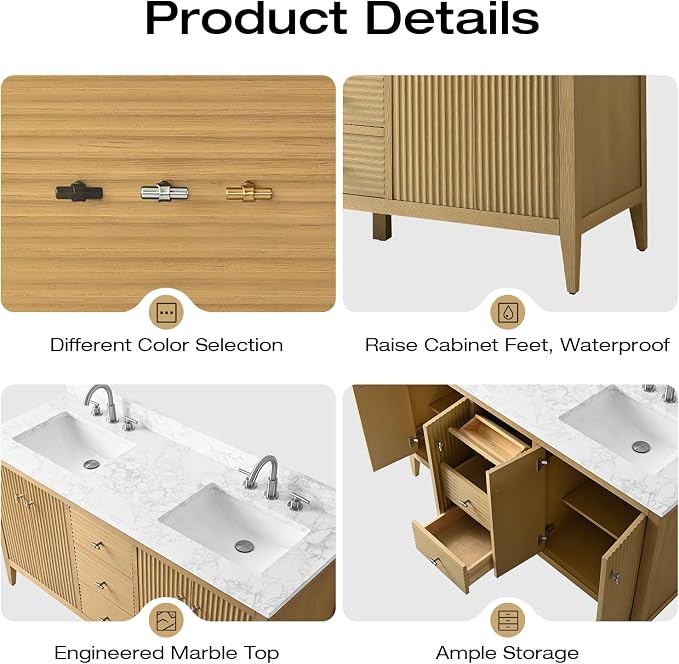 Vanity Art 60 inch Oak Bathroom Vanity with Double Sink & Ceramic Top, Vanity Cabinet with Soft-Closing Door, Solid Wood Frame, Linear Pattern, Natural Oak, VA9160-DNO-MB,Matte Black Handles