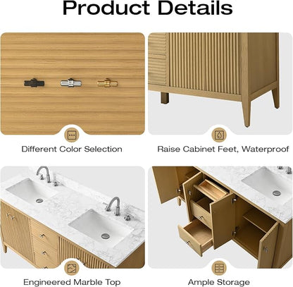 Vanity Art 60 inch Oak Bathroom Vanity with Double Sink & Ceramic Top, Vanity Cabinet with Soft-Closing Door, Solid Wood Frame, Linear Pattern, Natural Oak, VA9160-DNO-MB,Matte Black Handles