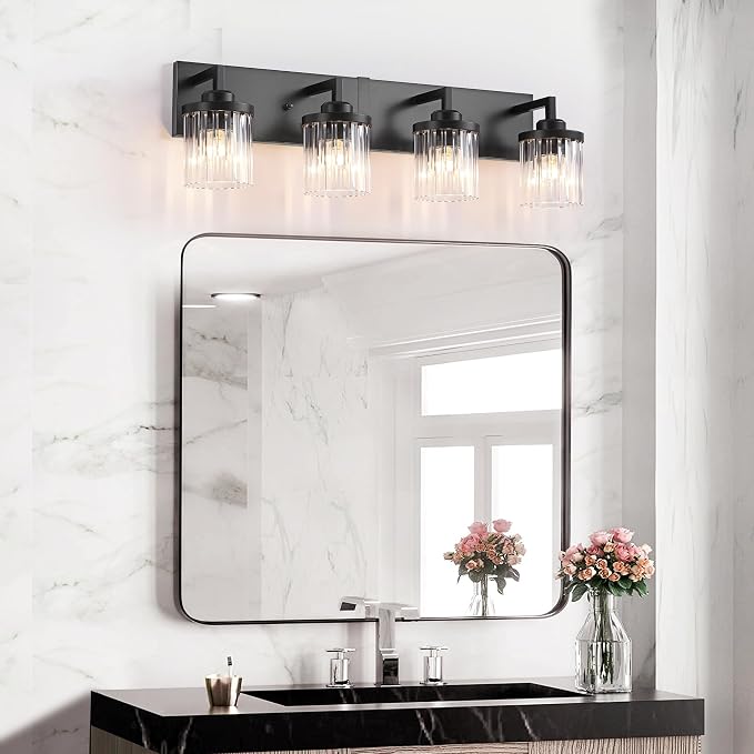 4-Light Black Bathroom Vanity Light, Crystal Glass Shades | Modern Wall Lighting Fixtures Over Mirror, for Bathroom, Matte Black Finish, Rust-resistant Metal, Farmhouse Industrial Style