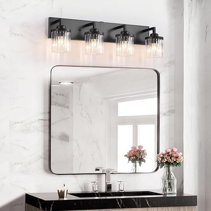 4-Light Black Bathroom Vanity Light, Crystal Glass Shades | Modern Wall Lighting Fixtures Over Mirror, for Bathroom, Matte Black Finish, Rust-resistant Metal, Farmhouse Industrial Style