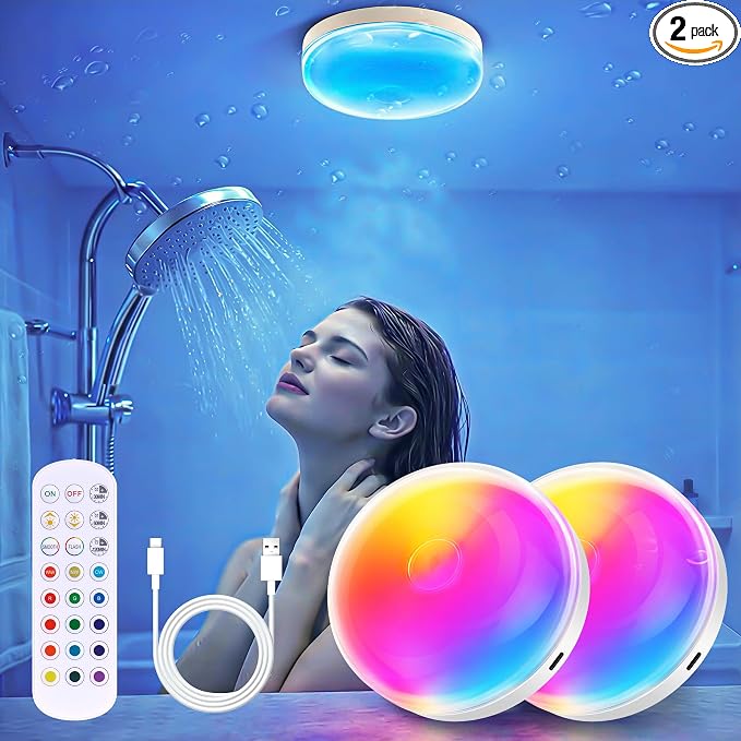 Waterproof Shower Light 2 Pack, 15 Color Rechargeable LED with Remote Timer | Wireless Shower Light with Dimmable & Timer for Shower, Magnetic LED Ceiling Light for Bathroom Shower Closet Bedroom