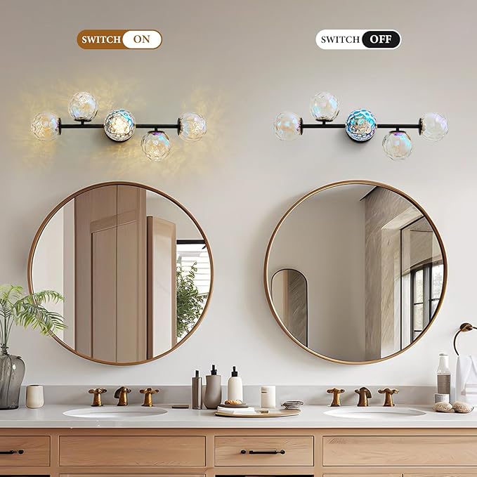 Black LED Bathroom Vanity Light: 5-Light Stained Hammered Glass Colorful Globe Vanity Light Fixtures - Unique Mid Century Modern Dimmable Wall Lights For Bedroom Bath Room Makeup Living Room Fireplace