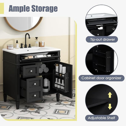 Merax 30 inch Bathroom Vanity with Ceramic Sink, Solid Wood Frame Modern Bathroom Sink Storage Cabinet with 2 Drawers and a Tip-Out Drawer, Single Sink Bathroom Vanities, Black