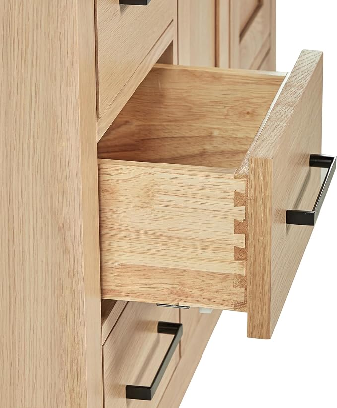 ARIEL Cambridge 42-inch Bathroom Vanity Base Cabinet,Solid Wood, 2 Soft Closing Doors, 5 Dovetail Drawers, White Oak