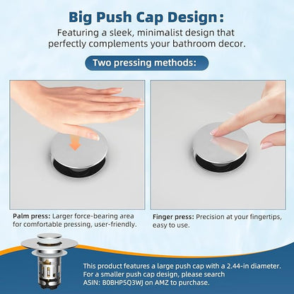 Hibbent 2 Pack Upgraded 3 in 1 Bathroom Sink Drain Strainer, Pop Up Sink Stopper with Big Push Cap, Anti-Clogging Metal Filter Basket,Sink Plug with Hair Catcher for 1.1''~2.36'' Basin, Chrome