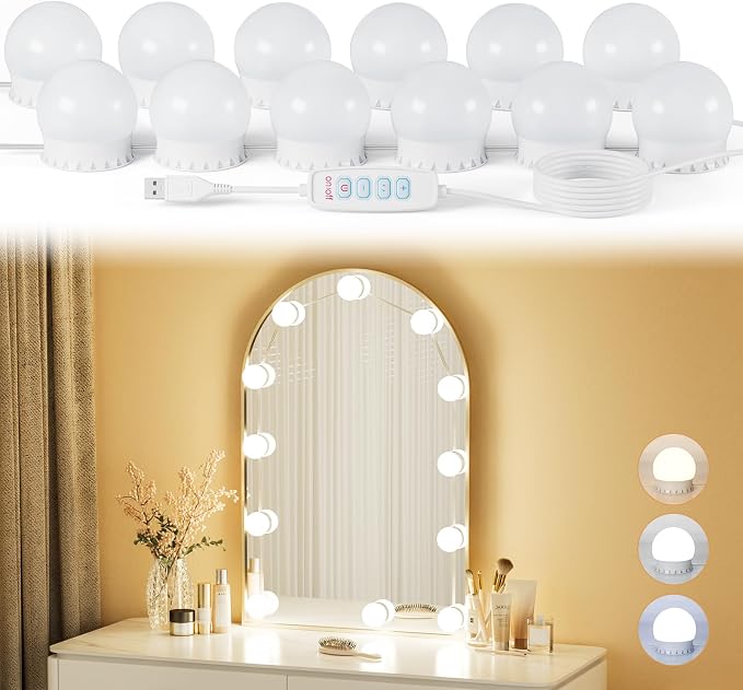 12 Bulbs LED Vanity Lights for Mirror, 3000K 4000K 6500K & 10-Brightness, Wire Length Adjustable, USB Cable, Hollywood Mirror Lights for Makeup Dressing Room Bathroom, White