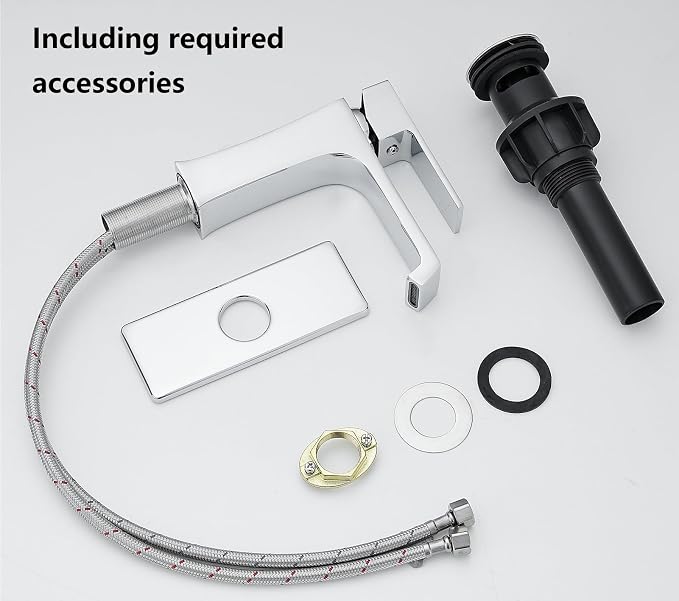 Waterfall Bathroom Faucet Chrome Bathroom Sink Faucet, Modern Single Hole Bathroom Faucet, Single Handle RV Sink Vanity Faucet—Includes Pop-Up Drain, Suitable for 1-Hole or 3-Hole