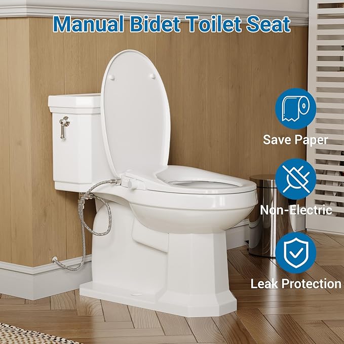 Non-Electric Round Bidet Toilet Seat with Self-Cleaning Dual Nozzles, Soft-Close Quiet Lid, Adjustable Water Spray, Easy Installation, White Finish for Comfort