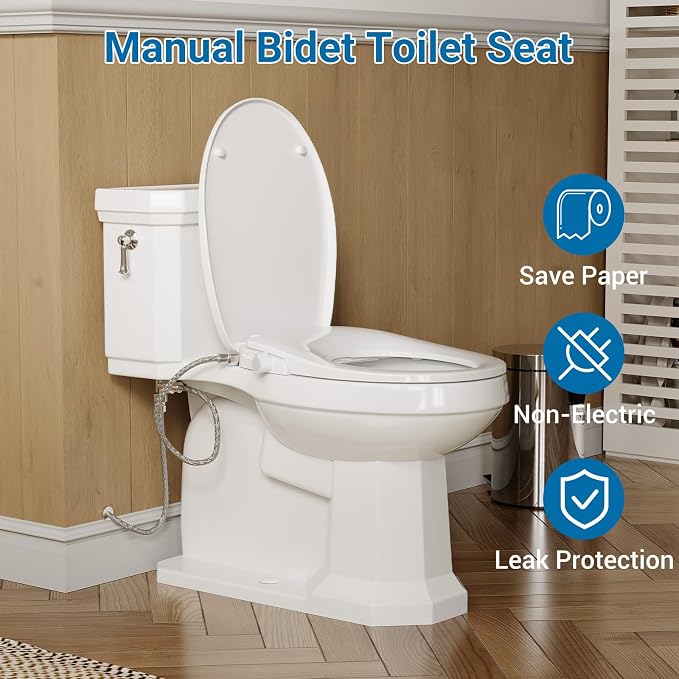 Non-Electric Bidet Toilet Seat for Round Toilet, Quiet Close & Self-Cleaning Dual Nozzles, Easy Installation, Round Bidet Seat with Sanitary Wash