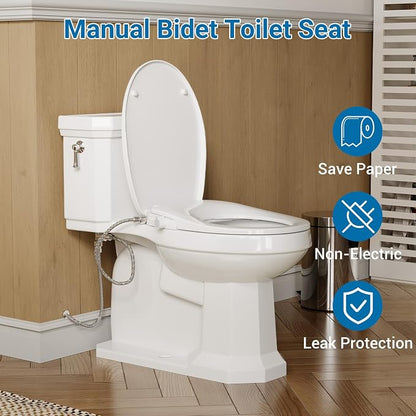 Non-Electric Bidet Toilet Seat for Round Toilet, Quiet Close & Self-Cleaning Dual Nozzles, Easy Installation, Round Bidet Seat with Sanitary Wash