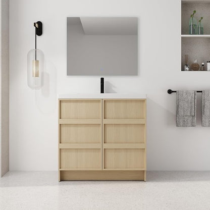 36-Inch Bathroom Vanity with Sink Mid-Century Bathroom Vanities with Top Basin Floor Wood Bathroom Sink Cabinet with Soft-Close Doors & Adjustable Storage Shelves (Oak)