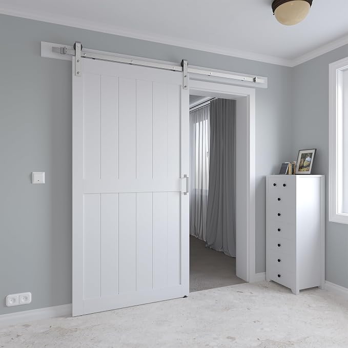42" x 96" Sliding Barn Door with 7ft Brushed Nickel Hardware Kit & Handle | Pre-Drilled Holes Easy Assembly -White Solid Barn Door Slab Covered with Water-Proof PVC Surface, H-Frame