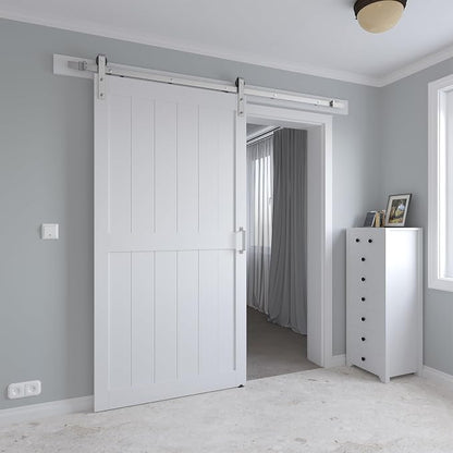 42" x 96" Sliding Barn Door with 7ft Brushed Nickel Hardware Kit & Handle | Pre-Drilled Holes Easy Assembly -White Solid Barn Door Slab Covered with Water-Proof PVC Surface, H-Frame