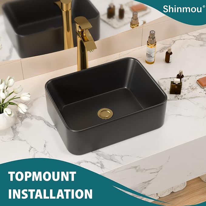 16x12 Black Ceramic Topmount Bathroom Vessel Sink | Black Drop in Top Mount Over Counter Rectangle Bathroom Sink