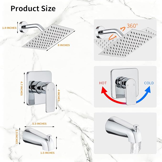Tub Shower Faucet Set With Head & Spout Chrome