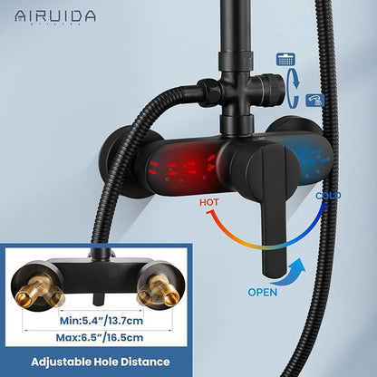 Airuida Exposed Shower System, 8 Inch Rainfall Shower Head with Handheld Spray, Single Handle Wall Mount Shower Faucet Set, Solid Brass Dual Function Exposed Pipe Fixture for Bathroom,Matte Black