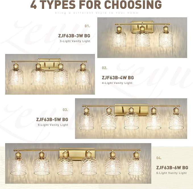 zeyu 21 Inch Bathroom Wall Sconce, 3 Light Sconces Wall Lighting Over Mirror, Brushed Gold Finish with Clear Hammered Glass, ZJF63B-3W BG