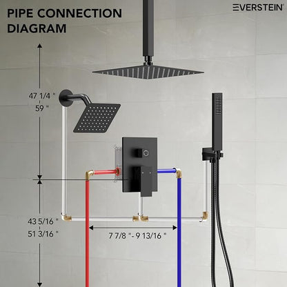 10" High-Pressure Rainfall Shower Faucet, Celling Mount Dual Shower Head System, Matte Black