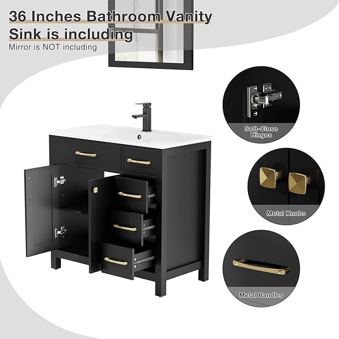 LUCKWIND 36" Bathroom Vanity with Sink Combo, Painted Modern Bathroom Storage Cabinet with Large Sink, Two Doors and Three Drawers, Include Faucet, Without Mirror, Black